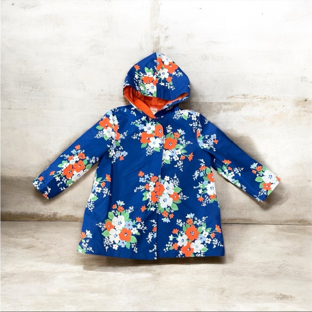 GYMBOREE Hooded Rain Jacket Windbreaker Blue Orange Floral Girls XS 3-4